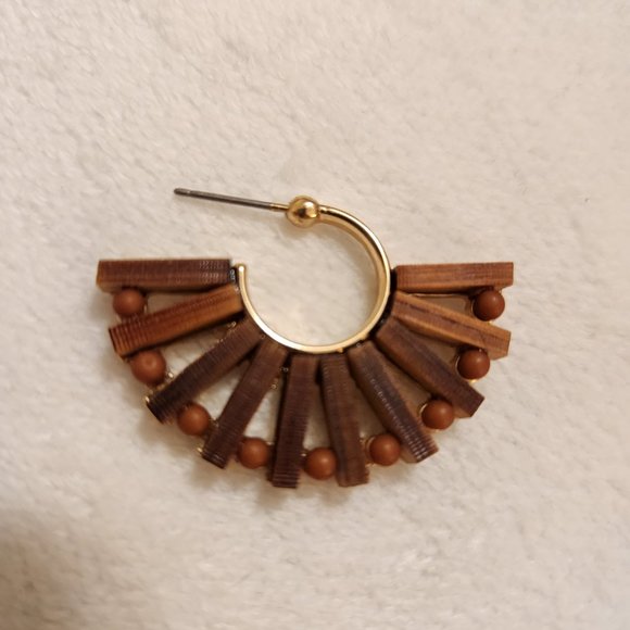 Brown Wood Slat/Bead Half Hoop Gold Tone Earrings - Picture 5 of 8